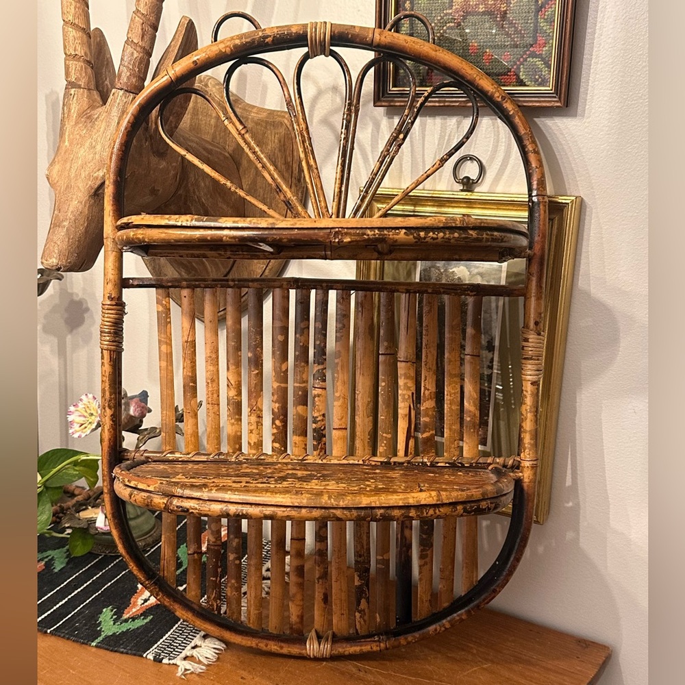 Vintage Burnt Tortoise Bamboo Folding Wall Shelf Boho Coastal